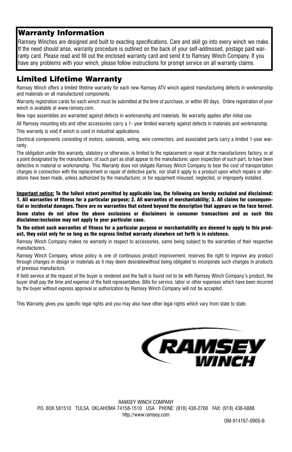 Warranty information, Limited lifetime warranty | Ramsey Winch ATV-3000 W_SYNTHETIC ROPE User Manual | Page 12 / 12