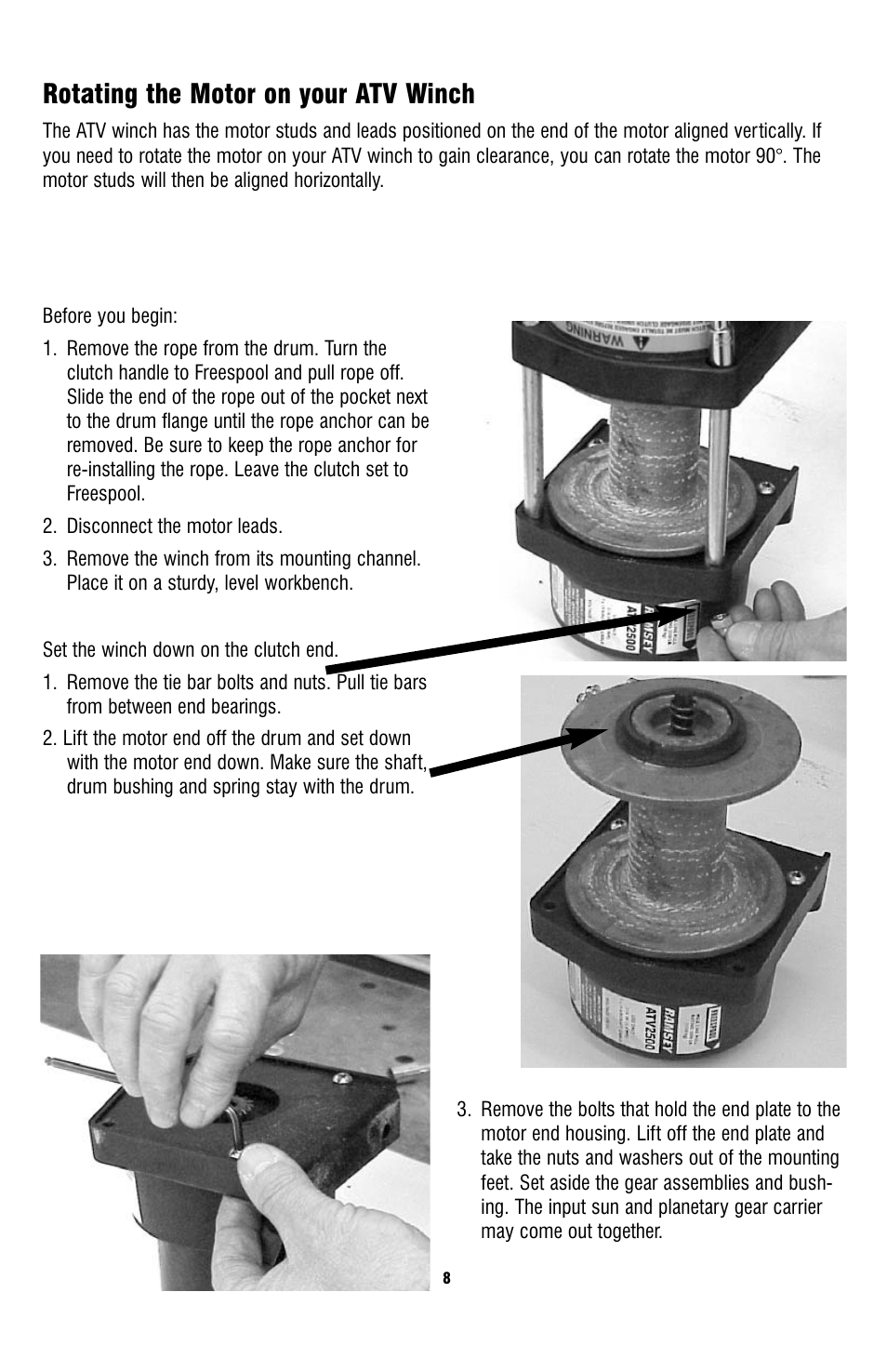 Rotating the motor on your atv winch | Ramsey Winch ATV-3000 W_SYNTHETIC ROPE User Manual | Page 8 / 12