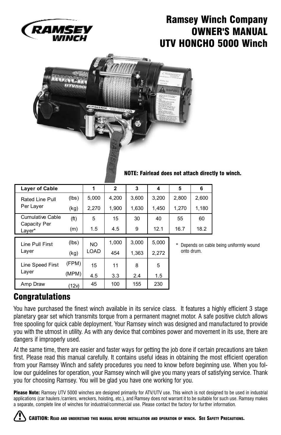 Ramsey Winch UTV Honcho 5000 User Manual | 12 pages