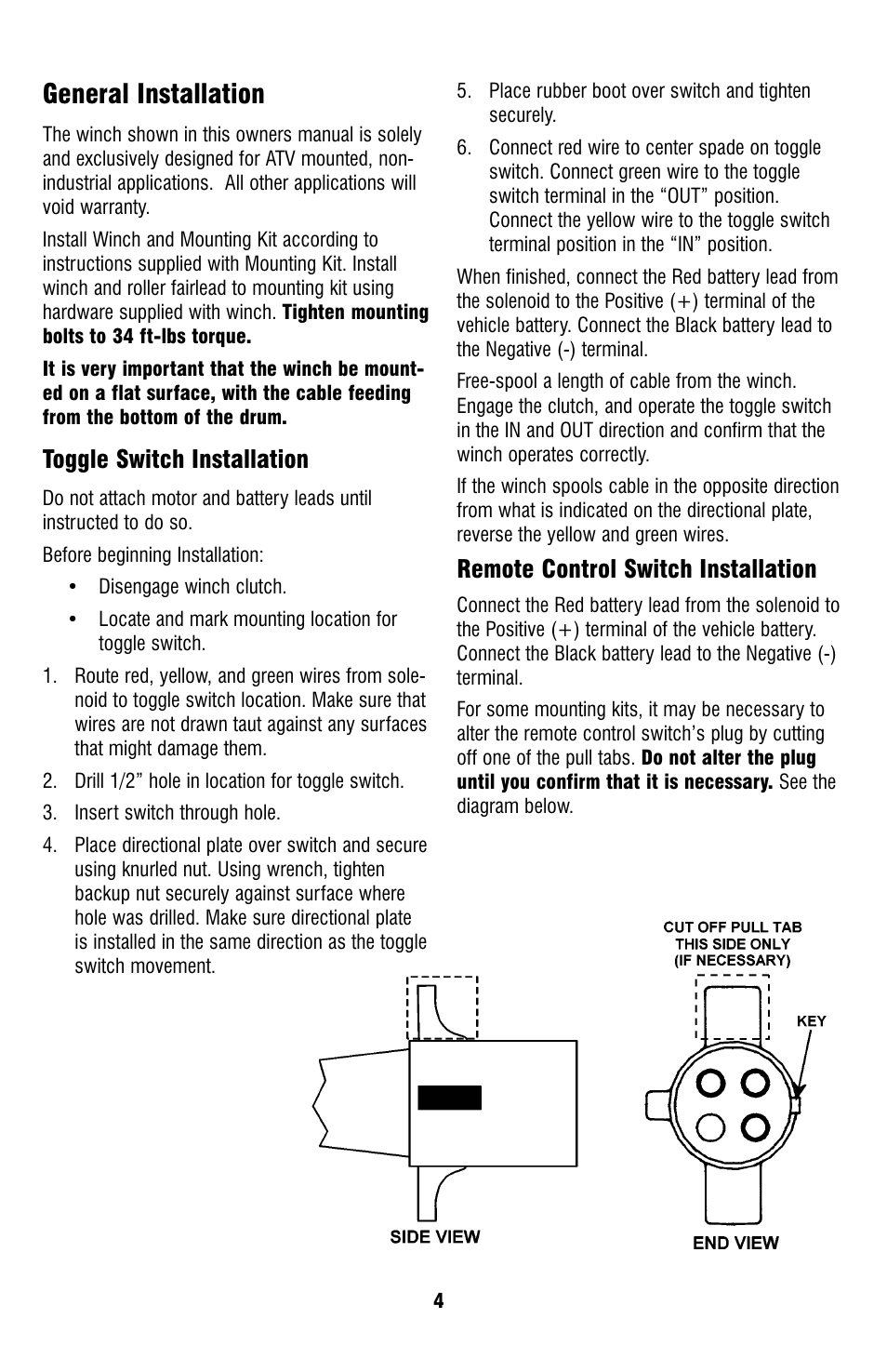 General installation, Toggle switch installation, Remote control switch installation | Ramsey Winch UTV Honcho 5000 User Manual | Page 4 / 12