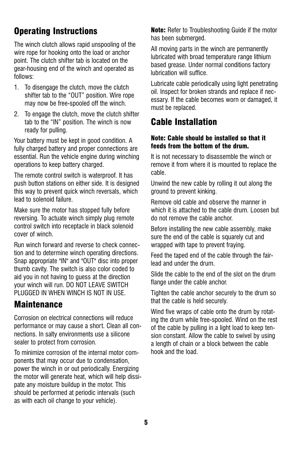 Operating instructions, Maintenance, Cable installation | Ramsey Winch UTV Honcho 5000 User Manual | Page 5 / 12