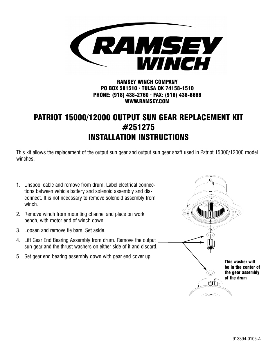 Ramsey Winch PATRIOT 12000_15000 SUN GEAR REPLACEMENT KIT 251275 User Manual | 3 pages