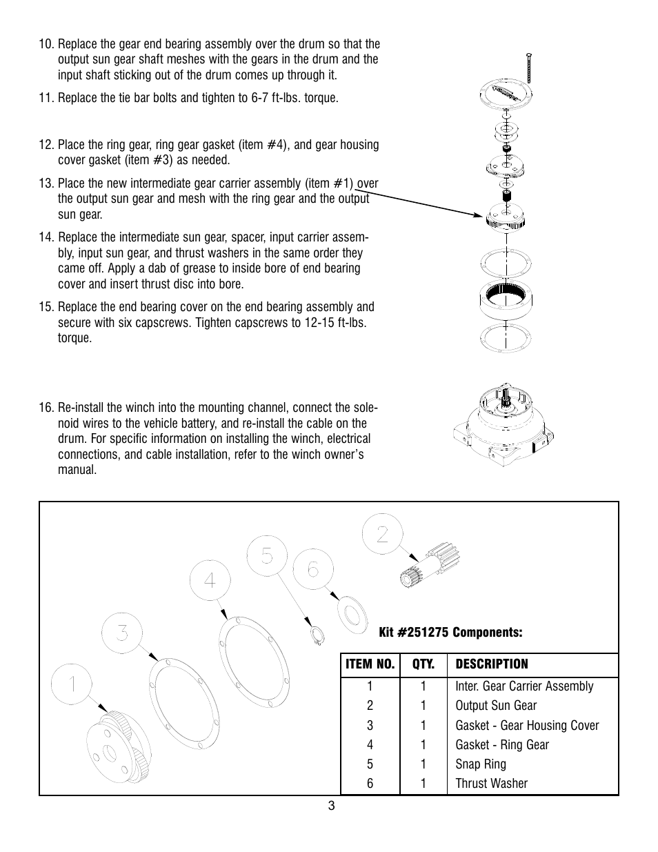 Ramsey Winch PATRIOT 12000_15000 SUN GEAR REPLACEMENT KIT 251275 User Manual | Page 3 / 3