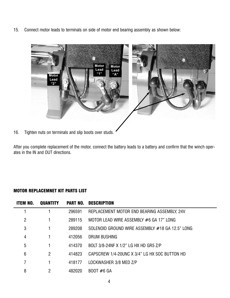 Ramsey Winch REP-8000 24V MOTOR REPLACEMENT 251277 User Manual | Page 4 / 4