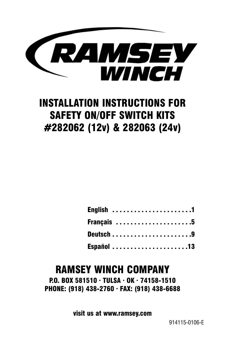 Ramsey Winch SAFETY ON_OFF SWITCH KIT 282062, 282063 User Manual | 20 pages