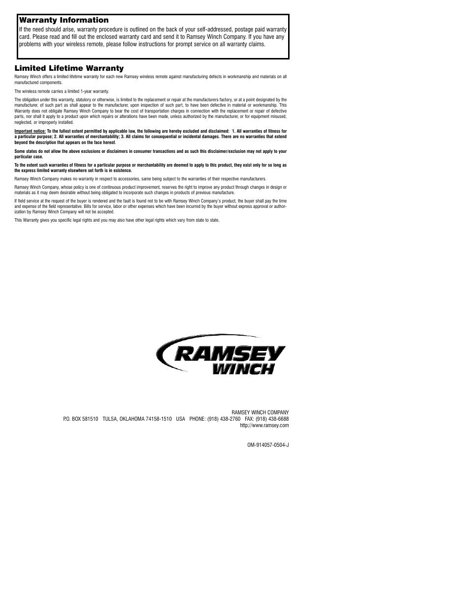 Warranty information, Limited lifetime warranty | Ramsey Winch UNIV. WIRELESS REMOTE FOR FR. MOUNT WINCHES 251200-251202 User Manual | Page 8 / 8