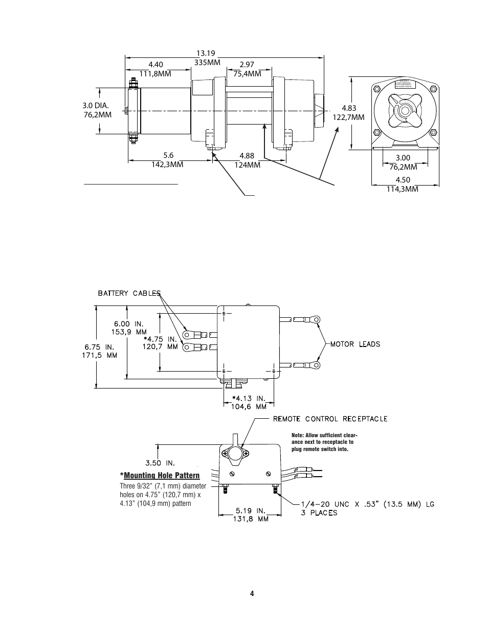 Winch mounting, Solenoid mounting, Mounting hole pattern | Ramsey Winch BADGER 2500 W_PENDANT REMOTE User Manual | Page 5 / 12