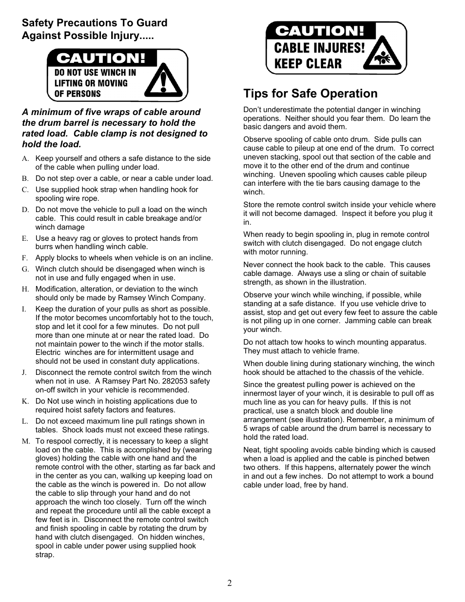 Tips for safe operation | Ramsey Winch PATRIOT 12000 User Manual | Page 2 / 12