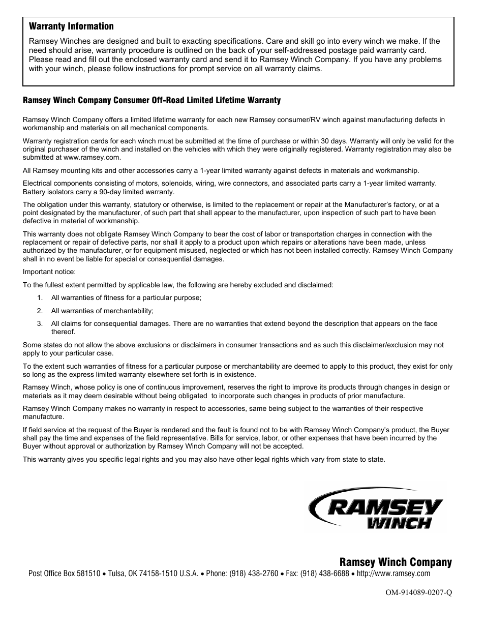 Ramsey winch company | Ramsey Winch PATRIOT 15000 User Manual | Page 12 / 12