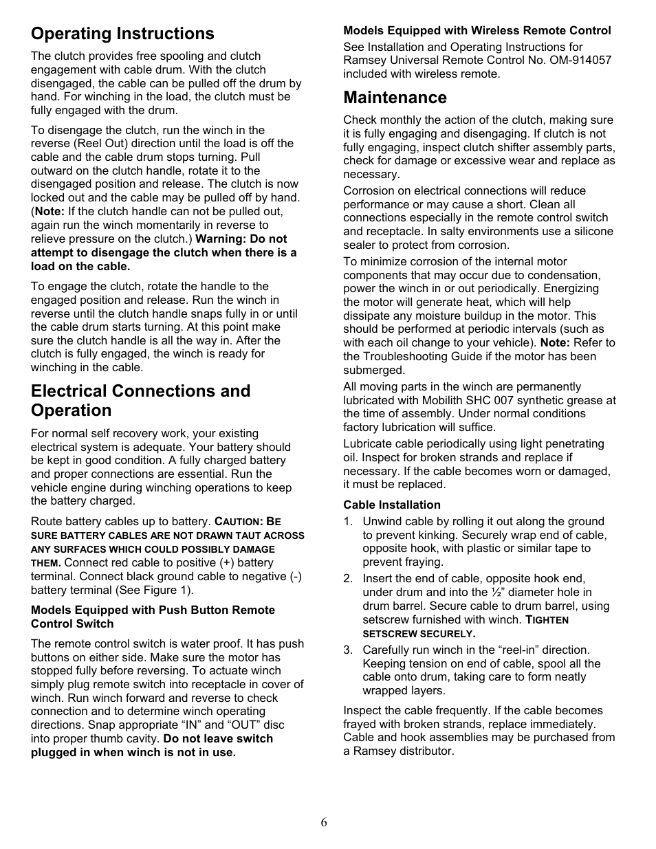 Operating instructions, Electrical connections and operation, Maintenance | Ramsey Winch PATRIOT 15000 User Manual | Page 6 / 12