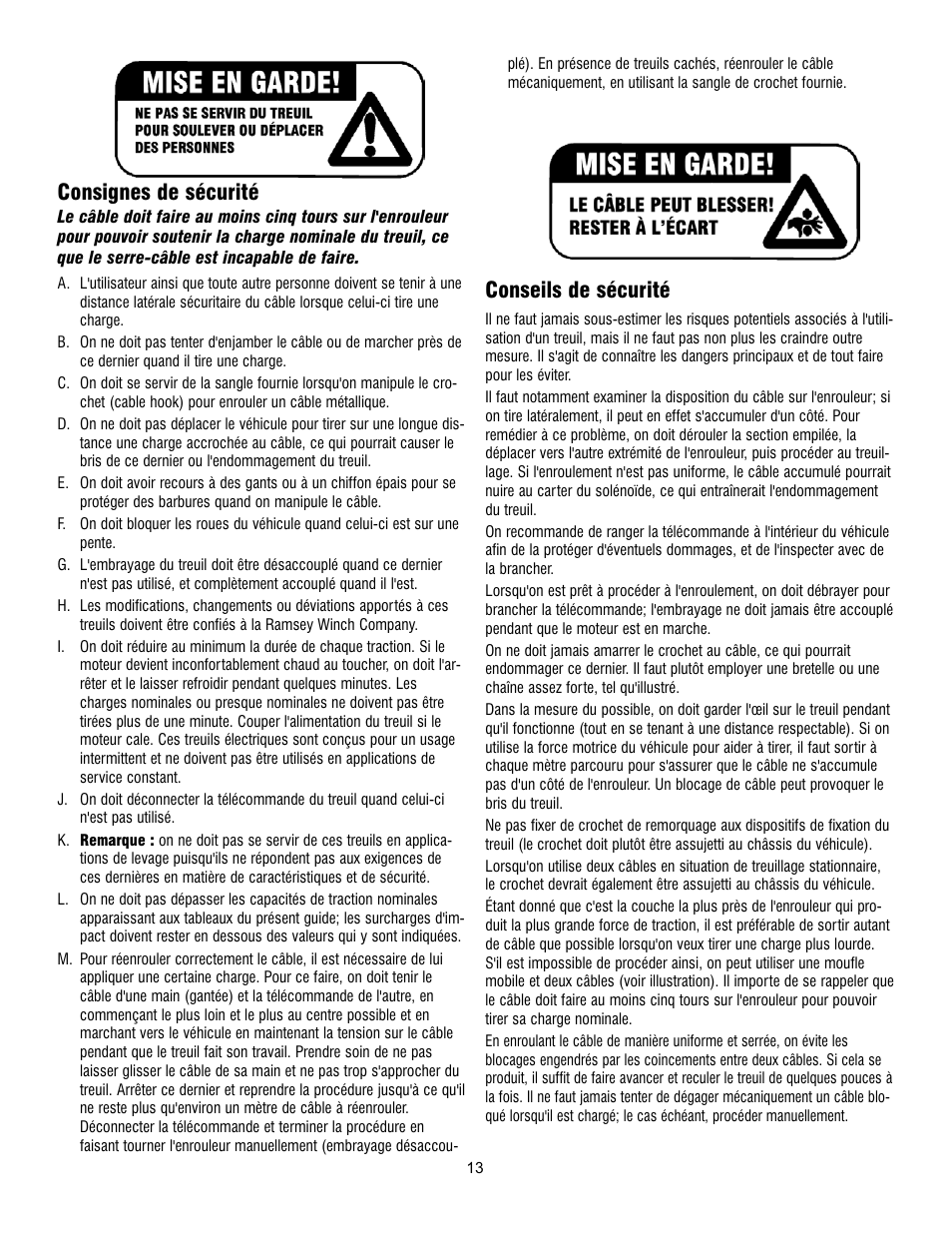 Consignes de sécurité, Conseils de sécurité | Ramsey Winch PATRIOT 6000, 8000 & 9500 User Manual | Page 15 / 46