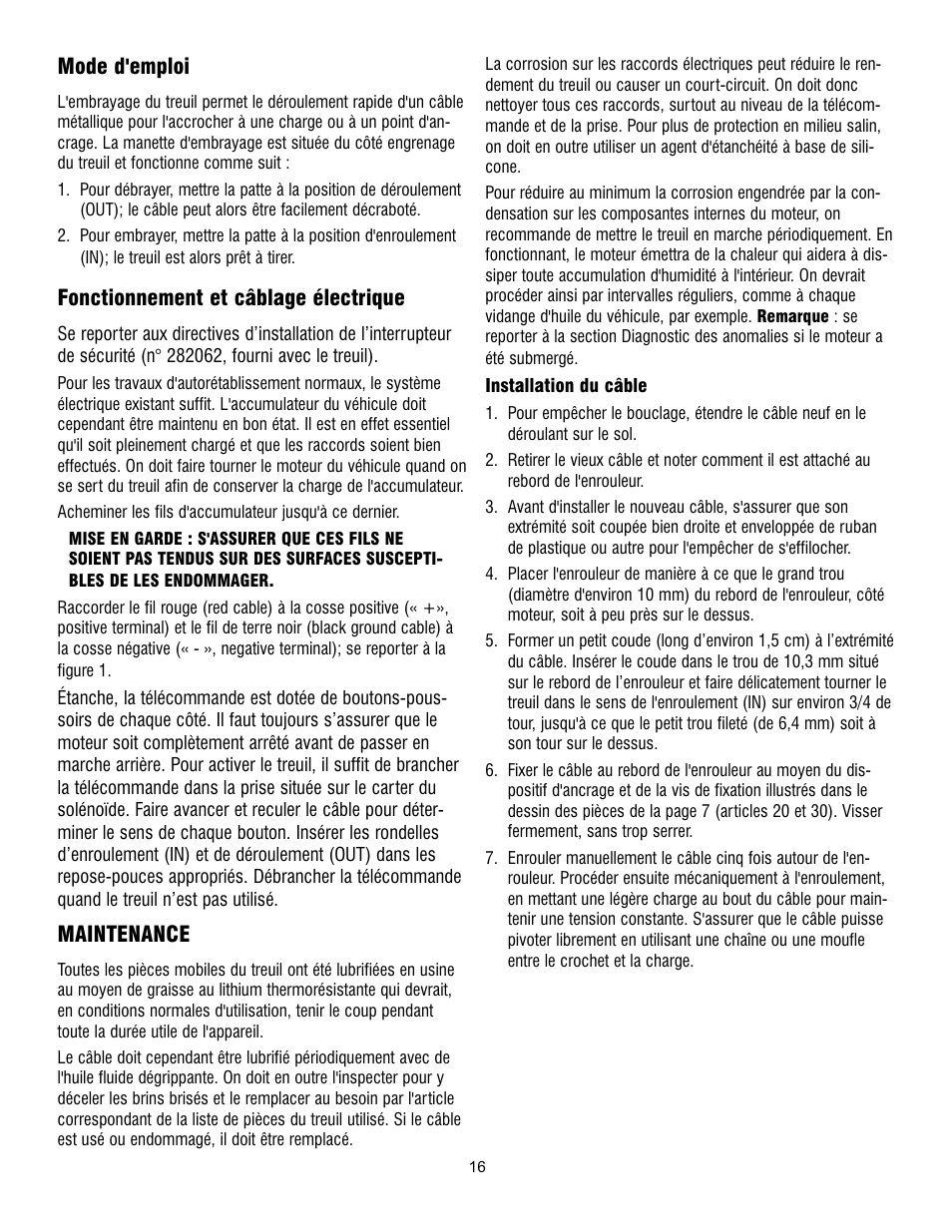 Mode d'emploi, Fonctionnement et câblage électrique, Maintenance | Ramsey Winch PATRIOT 6000, 8000 & 9500 User Manual | Page 18 / 46