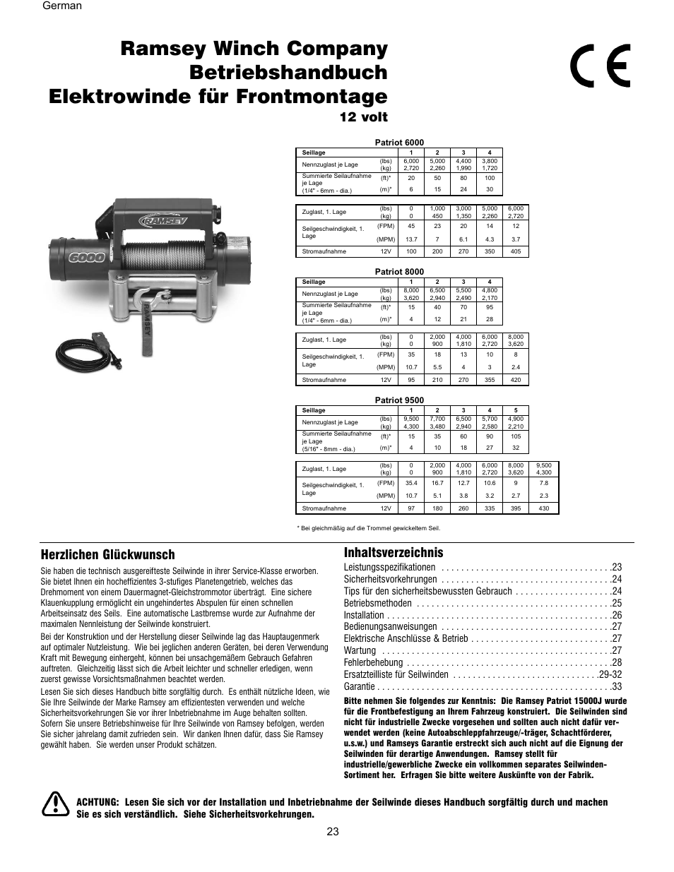 Herzlichen glückwunsch, 12 volt inhaltsverzeichnis, German 23 | Ramsey Winch PATRIOT 6000, 8000 & 9500 User Manual | Page 25 / 46