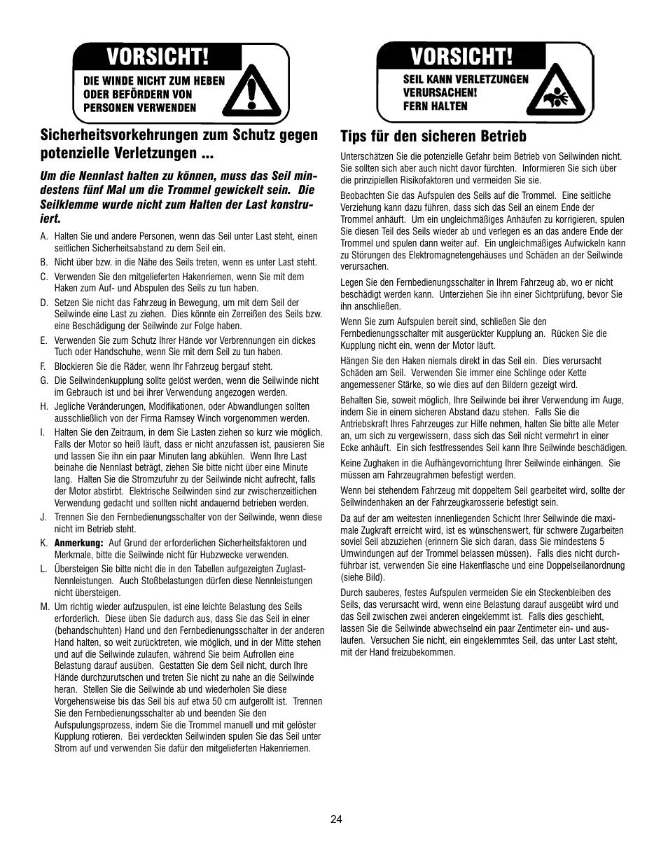 Tips für den sicheren betrieb | Ramsey Winch PATRIOT 6000, 8000 & 9500 User Manual | Page 26 / 46