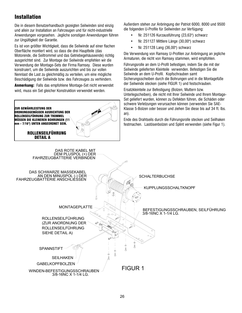 Figur 1, Installation | Ramsey Winch PATRIOT 6000, 8000 & 9500 User Manual | Page 28 / 46