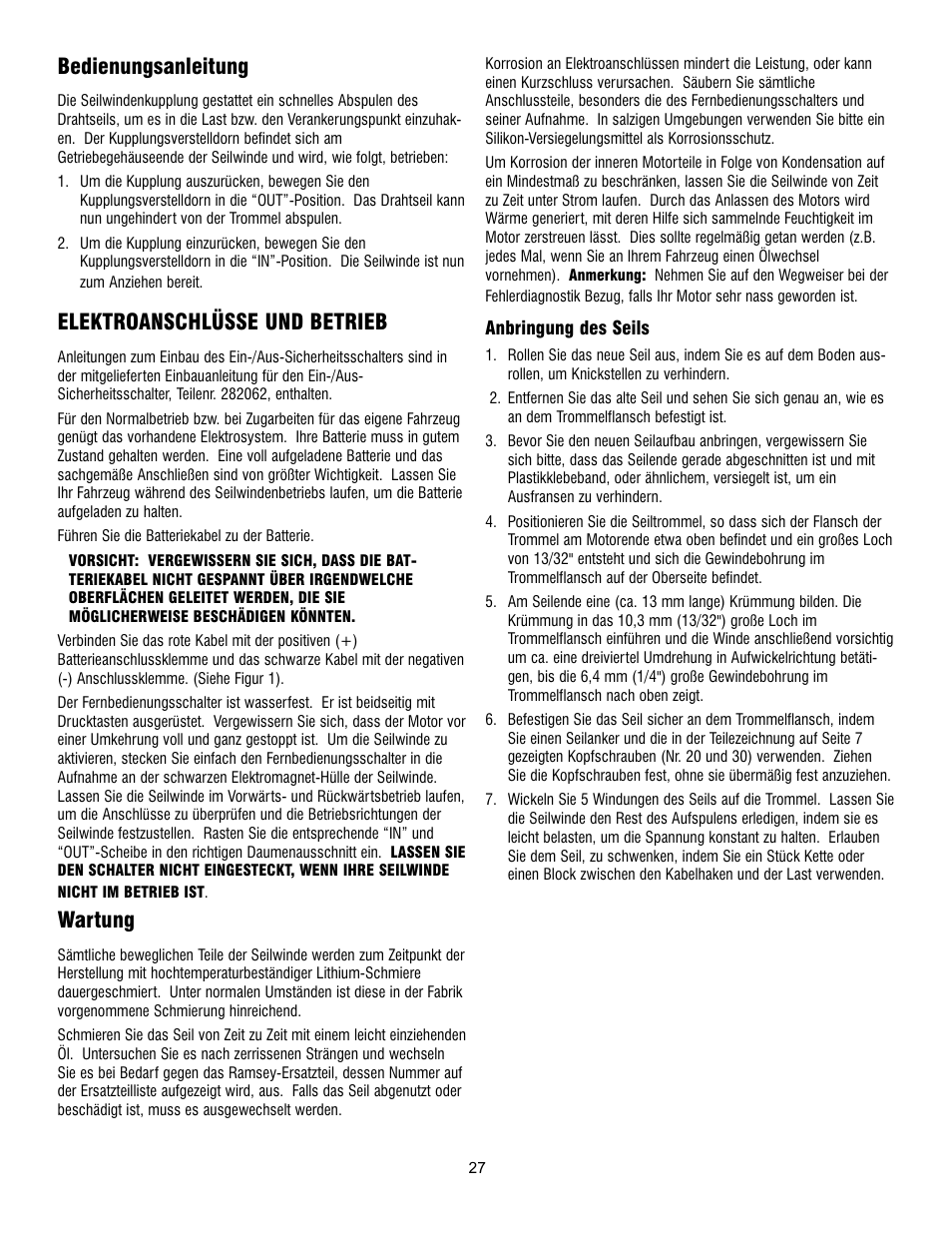 Bedienungsanleitung, Elektroanschlüsse und betrieb, Wartung | Ramsey Winch PATRIOT 6000, 8000 & 9500 User Manual | Page 29 / 46