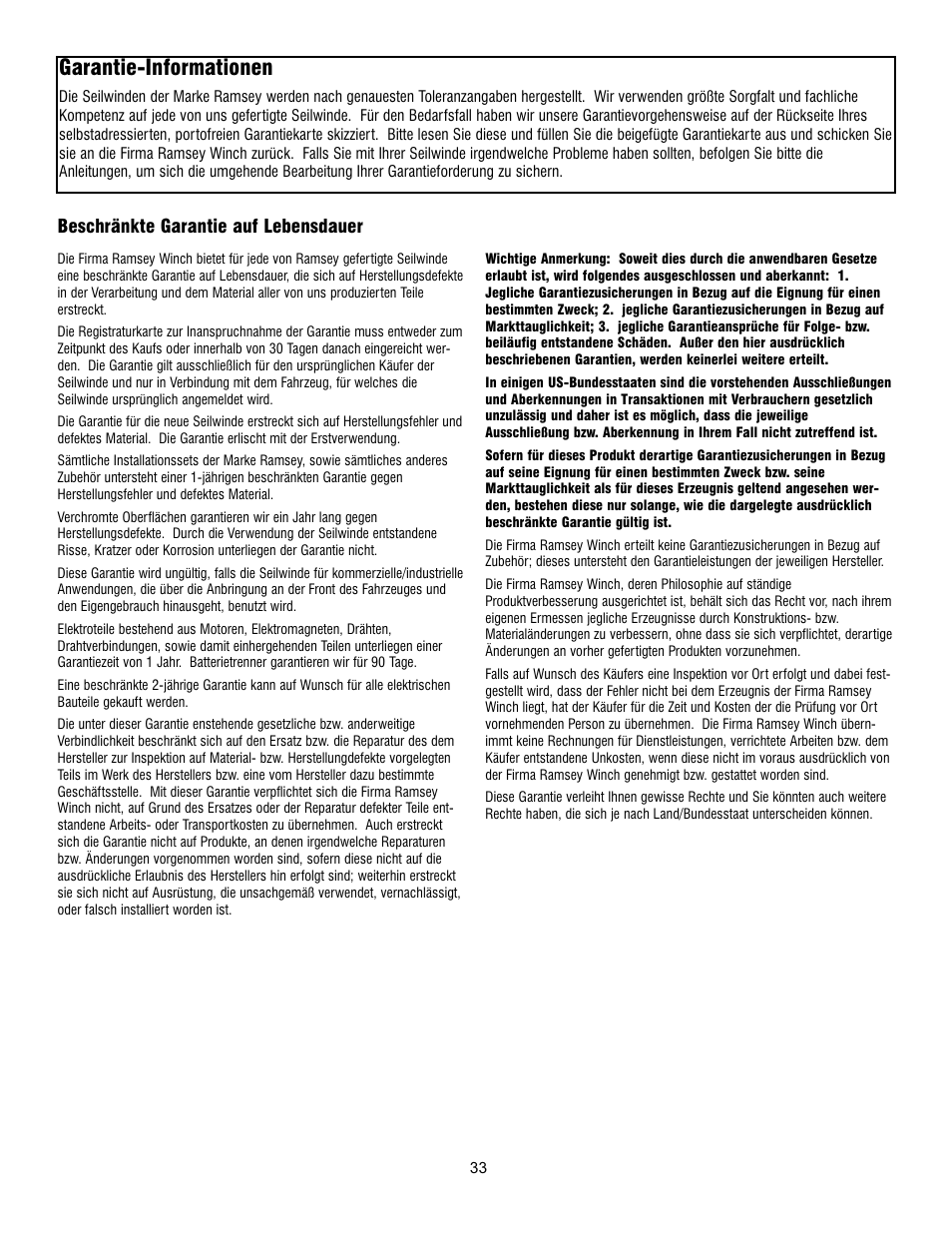 Garantie-informationen | Ramsey Winch PATRIOT 6000, 8000 & 9500 User Manual | Page 35 / 46