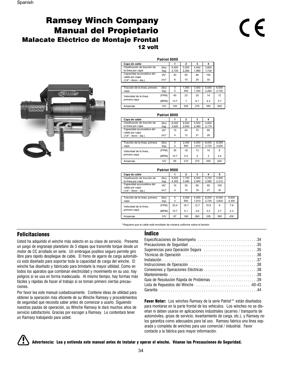 Ramsey winch company manual del propietario, Malacate eléctrico de montaje frontal, Felicitaciones | 12 volt índice, Spanish 34 | Ramsey Winch PATRIOT 6000, 8000 & 9500 User Manual | Page 36 / 46