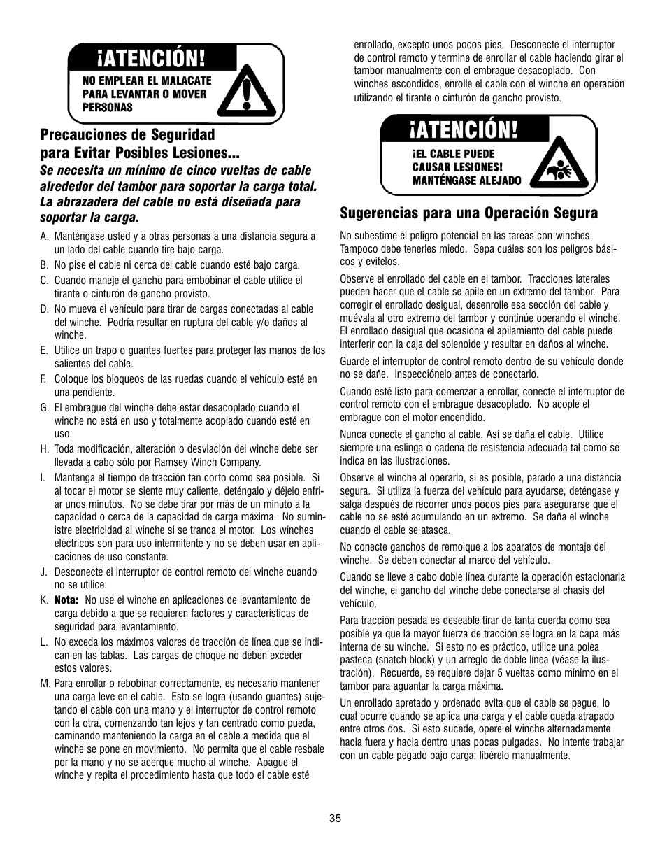 Sugerencias para una operación segura | Ramsey Winch PATRIOT 6000, 8000 & 9500 User Manual | Page 37 / 46