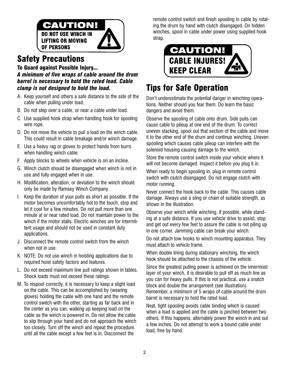 Safety precautions, Tips for safe operation | Ramsey Winch PATRIOT 6000, 8000 & 9500 User Manual | Page 4 / 46