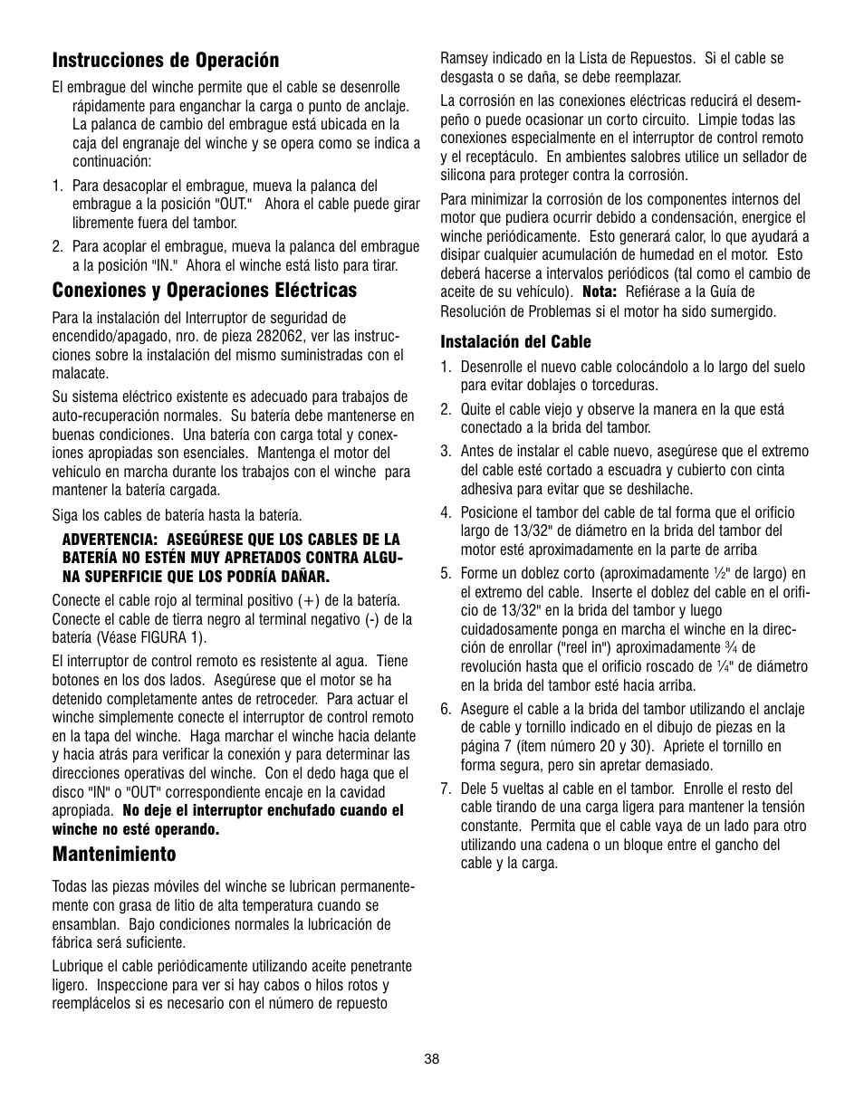 Instrucciones de operación, Conexiones y operaciones eléctricas, Mantenimiento | Ramsey Winch PATRIOT 6000, 8000 & 9500 User Manual | Page 40 / 46