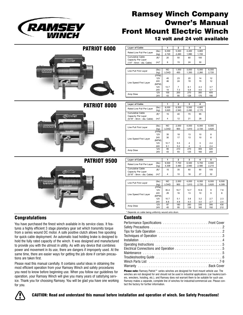 Ramsey Winch PATRIOT 6000, 8000 & 9500 User Manual | 12 pages