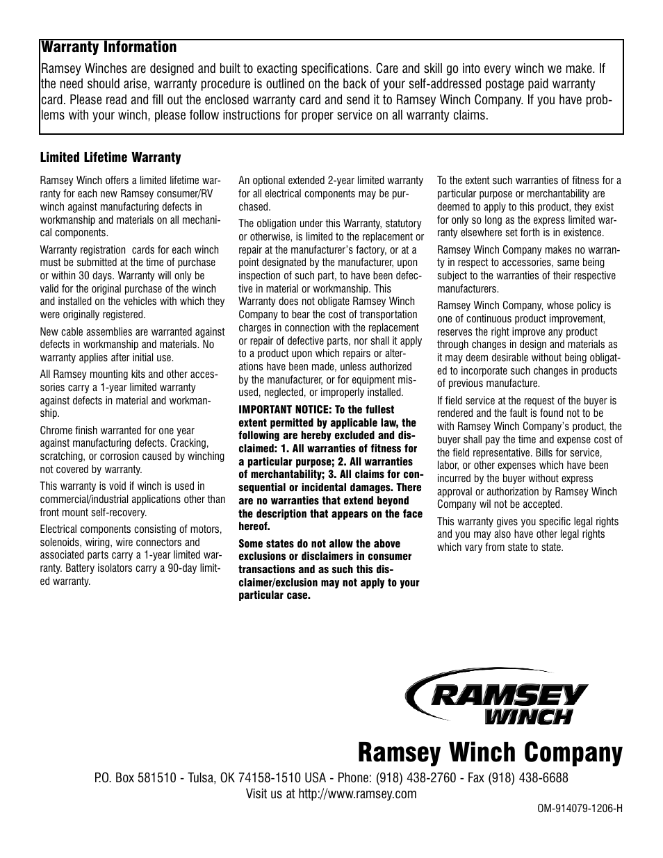 Ramsey winch company, Warranty information | Ramsey Winch PATRIOT 6000, 8000 & 9500 User Manual | Page 12 / 12