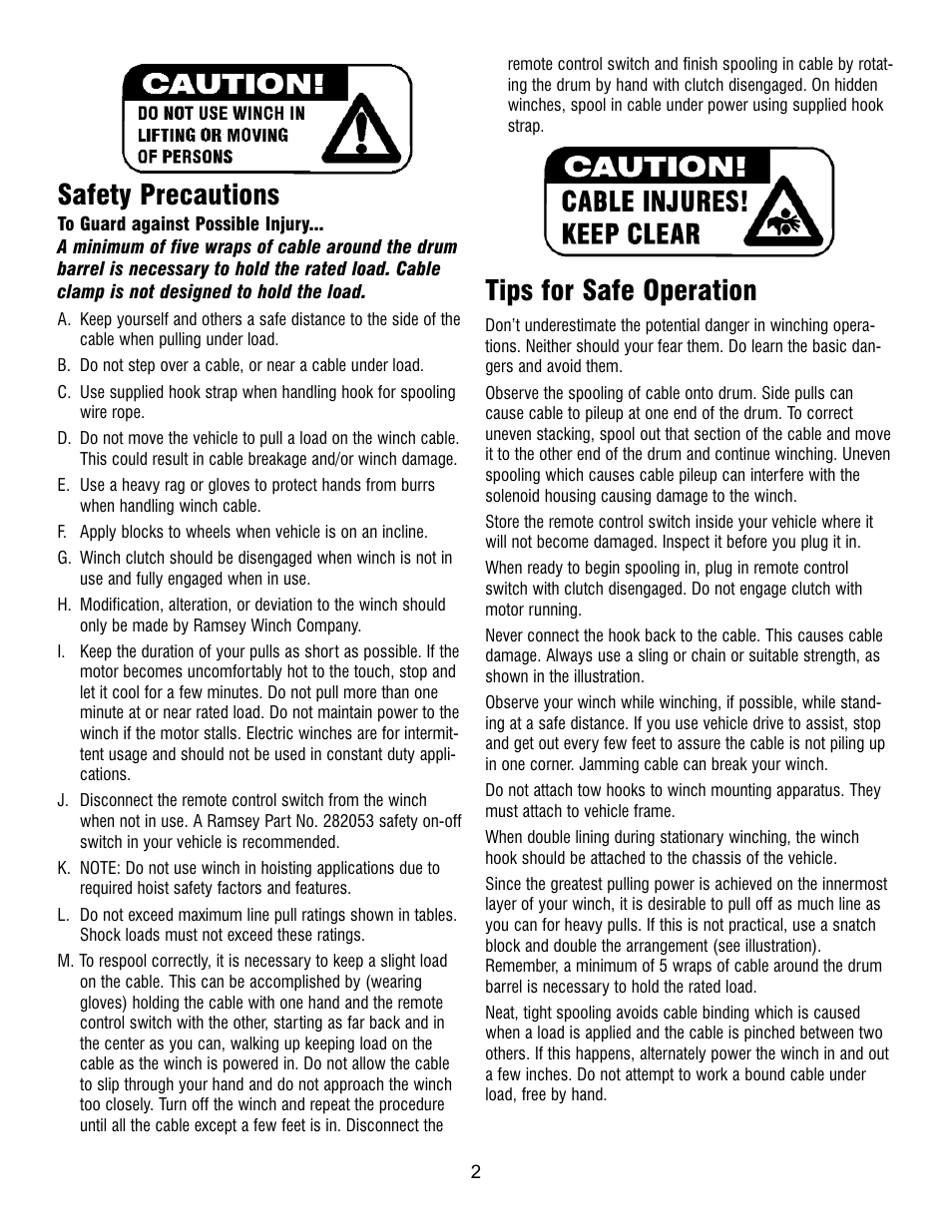 Safety precautions, Tips for safe operation | Ramsey Winch PATRIOT 6000, 8000 & 9500 User Manual | Page 2 / 12