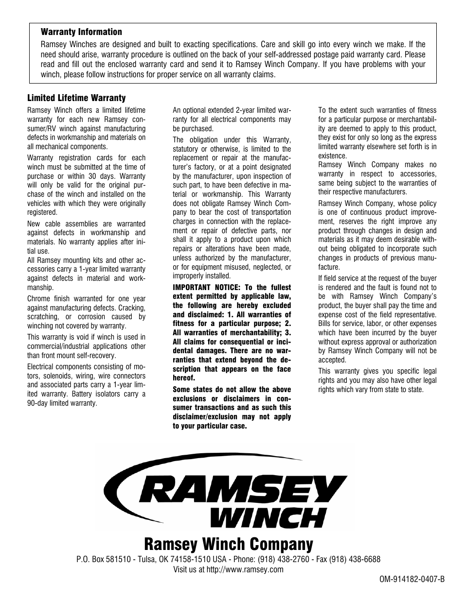 Ramsey winch company | Ramsey Winch PATRIOT 9500 UT User Manual | Page 12 / 12