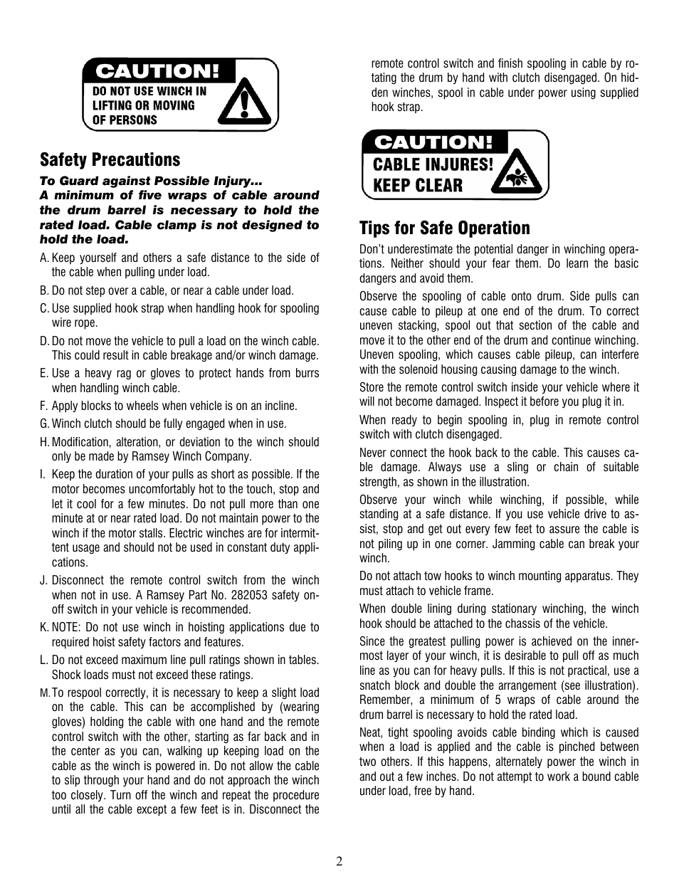 Safety precautions, Tips for safe operation | Ramsey Winch PATRIOT 9500 UT User Manual | Page 2 / 12