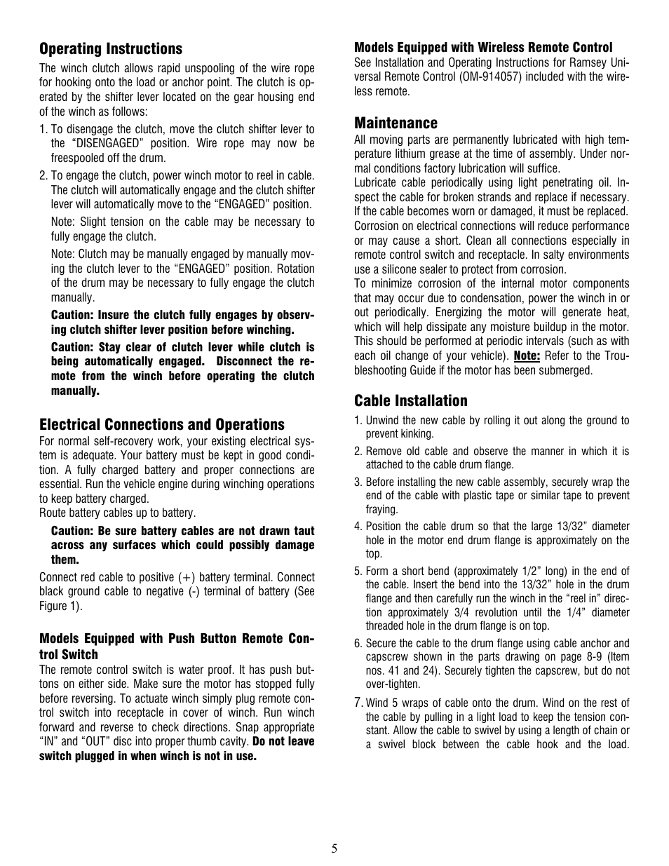 Operating instructions, Electrical connections and operations, Maintenance | Cable installation | Ramsey Winch PATRIOT 9500 UT User Manual | Page 5 / 12