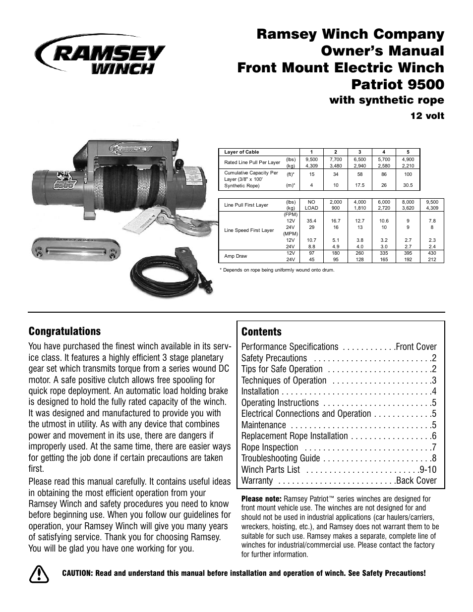 Ramsey Winch PATRIOT 9500 W_SYNTHETIC ROPE User Manual | 12 pages