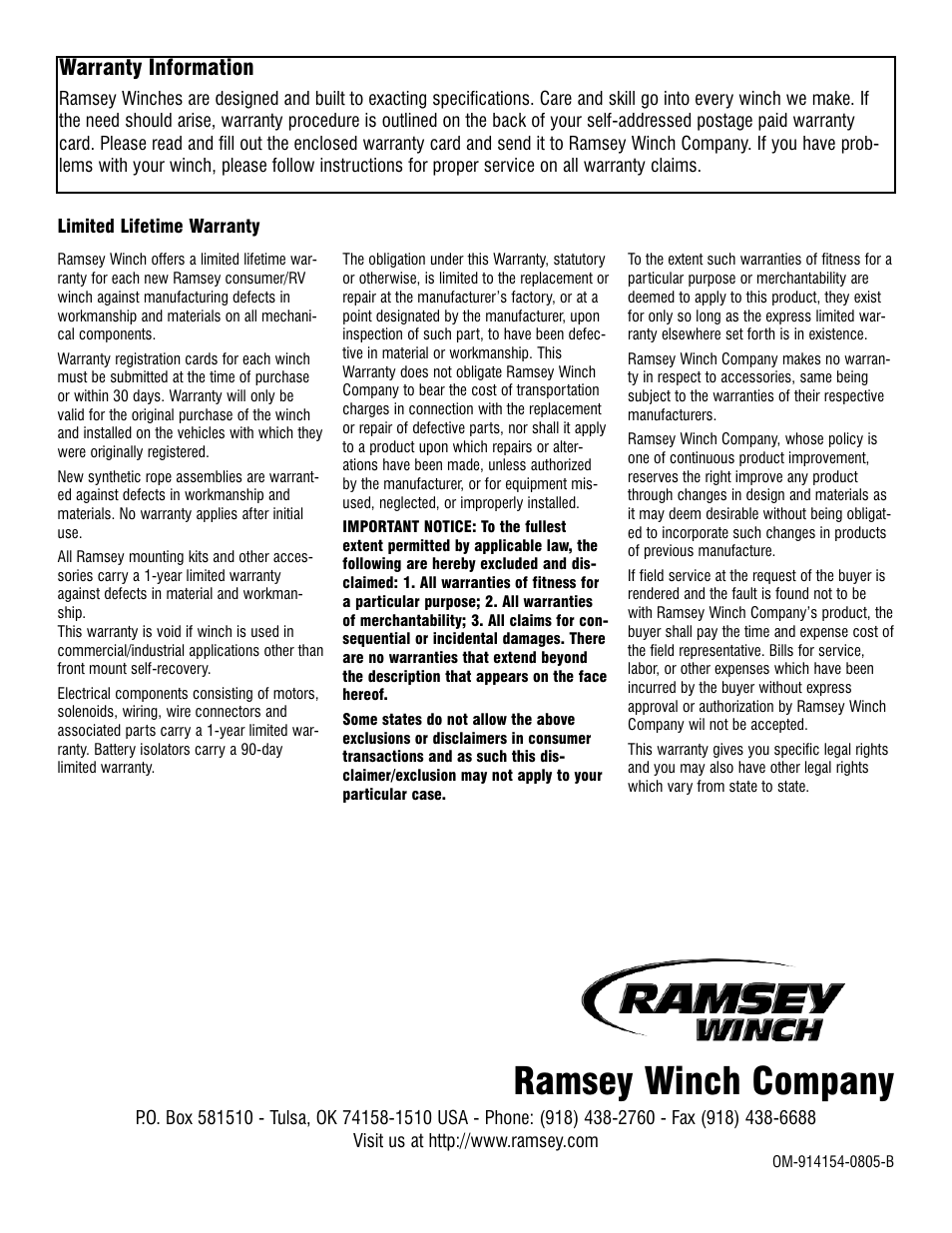 Ramsey winch company, Warranty information | Ramsey Winch PATRIOT 9500 W_SYNTHETIC ROPE User Manual | Page 12 / 12