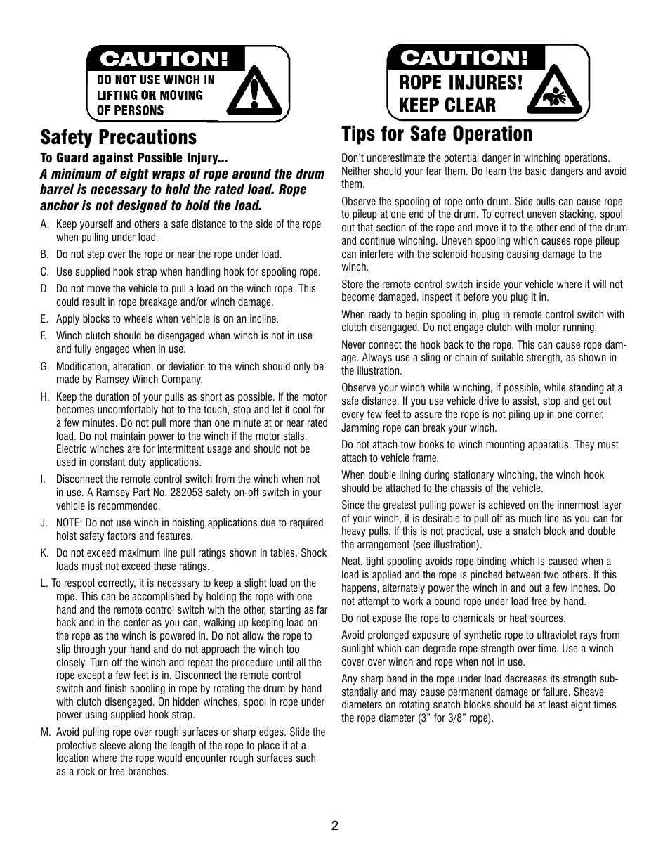 Safety precautions, Tips for safe operation | Ramsey Winch PATRIOT 9500 W_SYNTHETIC ROPE User Manual | Page 2 / 12