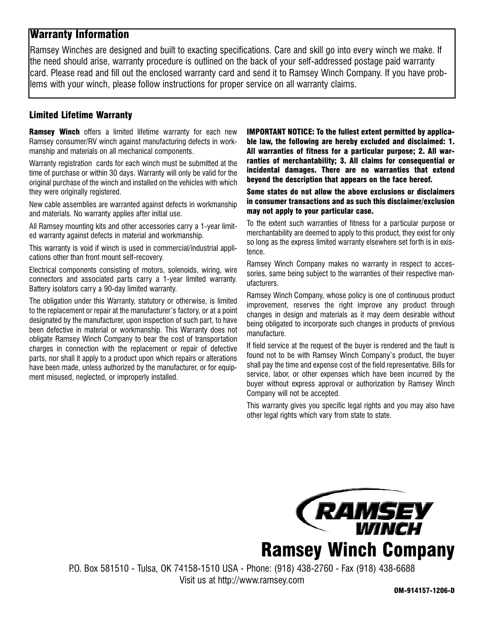 Ramsey winch company, Warranty information | Ramsey Winch PATRIOT PROFILE 12000 User Manual | Page 11 / 11