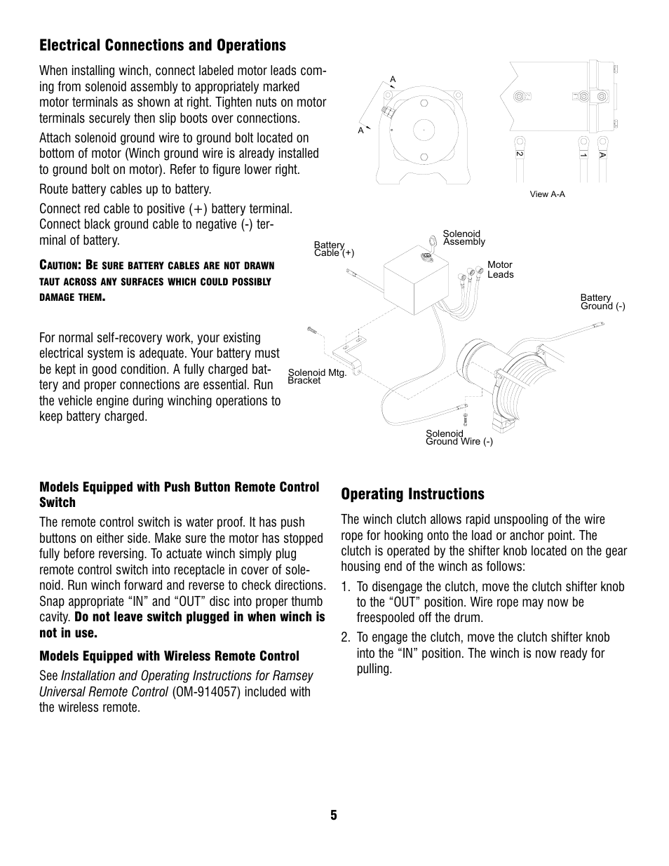 Electrical connections and operations, Operating instructions | Ramsey Winch PATRIOT PROFILE 12000 User Manual | Page 5 / 11