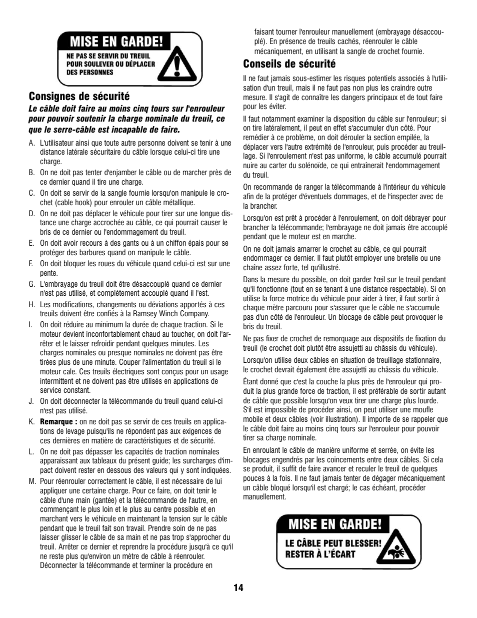 Consignes de sécurité, Conseils de sécurité | Ramsey Winch PATRIOT PROFILE 12000 User Manual | Page 16 / 50