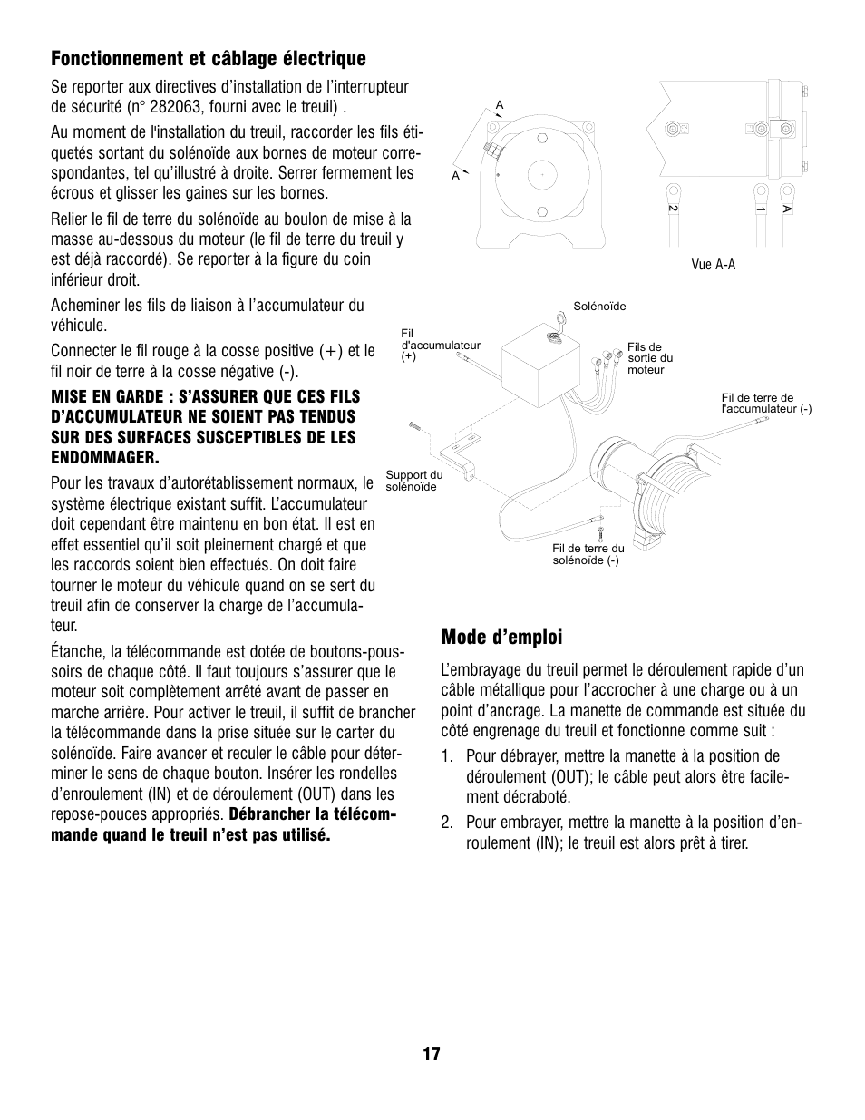 Fonctionnement et câblage électrique, Mode d’emploi | Ramsey Winch PATRIOT PROFILE 12000 User Manual | Page 19 / 50