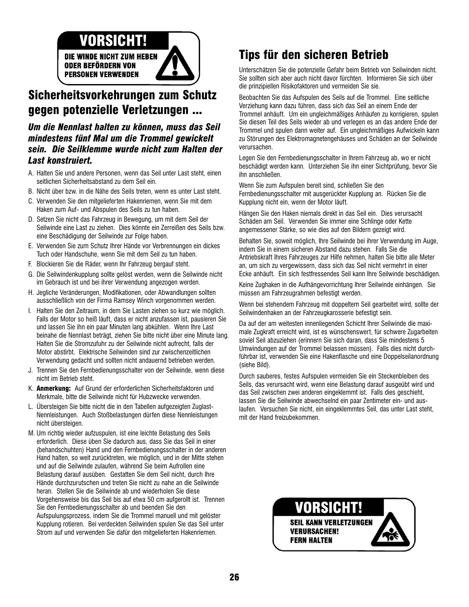 Tips für den sicheren betrieb | Ramsey Winch PATRIOT PROFILE 12000 User Manual | Page 28 / 50