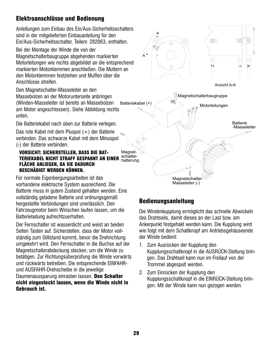 Elektroanschlüsse und bedienung, Bedienungsanleitung | Ramsey Winch PATRIOT PROFILE 12000 User Manual | Page 31 / 50