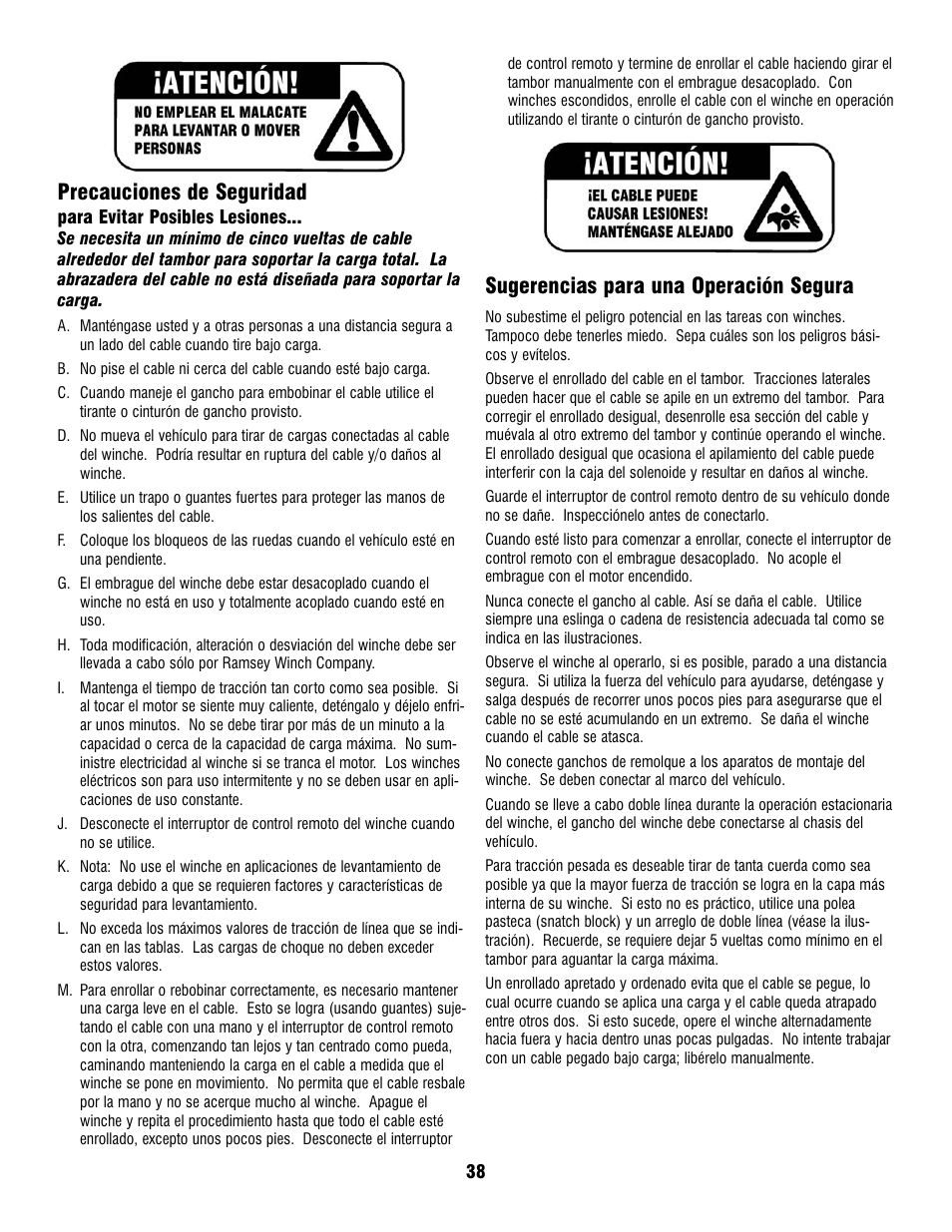 Precauciones de seguridad, Sugerencias para una operación segura | Ramsey Winch PATRIOT PROFILE 12000 User Manual | Page 40 / 50