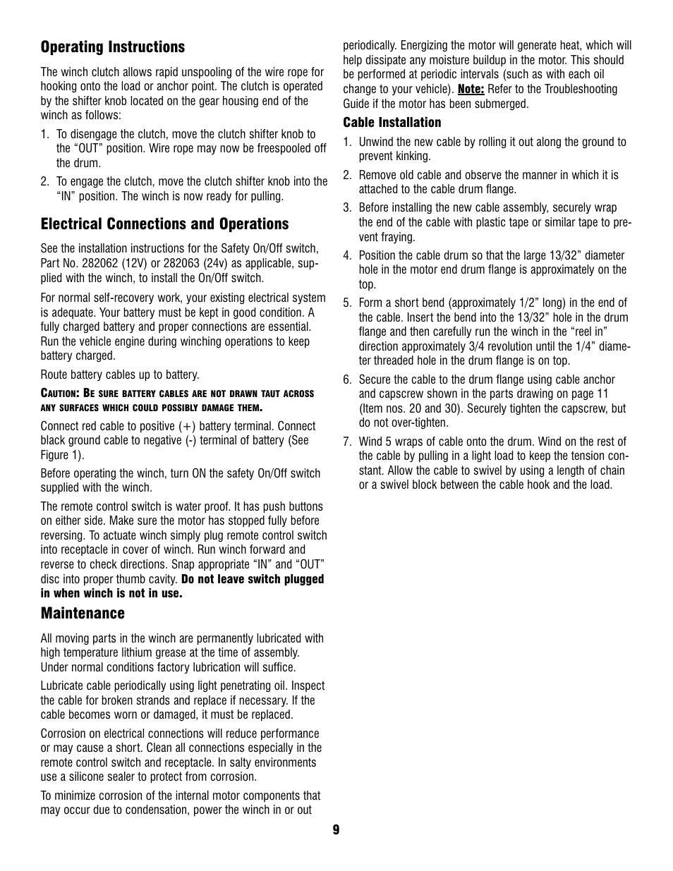 Operating instructions, Electrical connections and operations, Maintenance | Ramsey Winch PATRIOT PROFILE 6000, 8000, & 9500 User Manual | Page 11 / 66