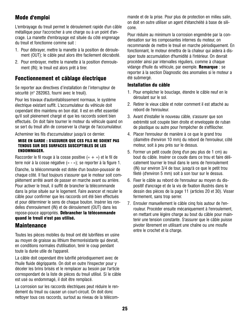 Mode d'emploi, Fonctionnement et câblage électrique, Maintenance | Ramsey Winch PATRIOT PROFILE 6000, 8000, & 9500 User Manual | Page 27 / 66