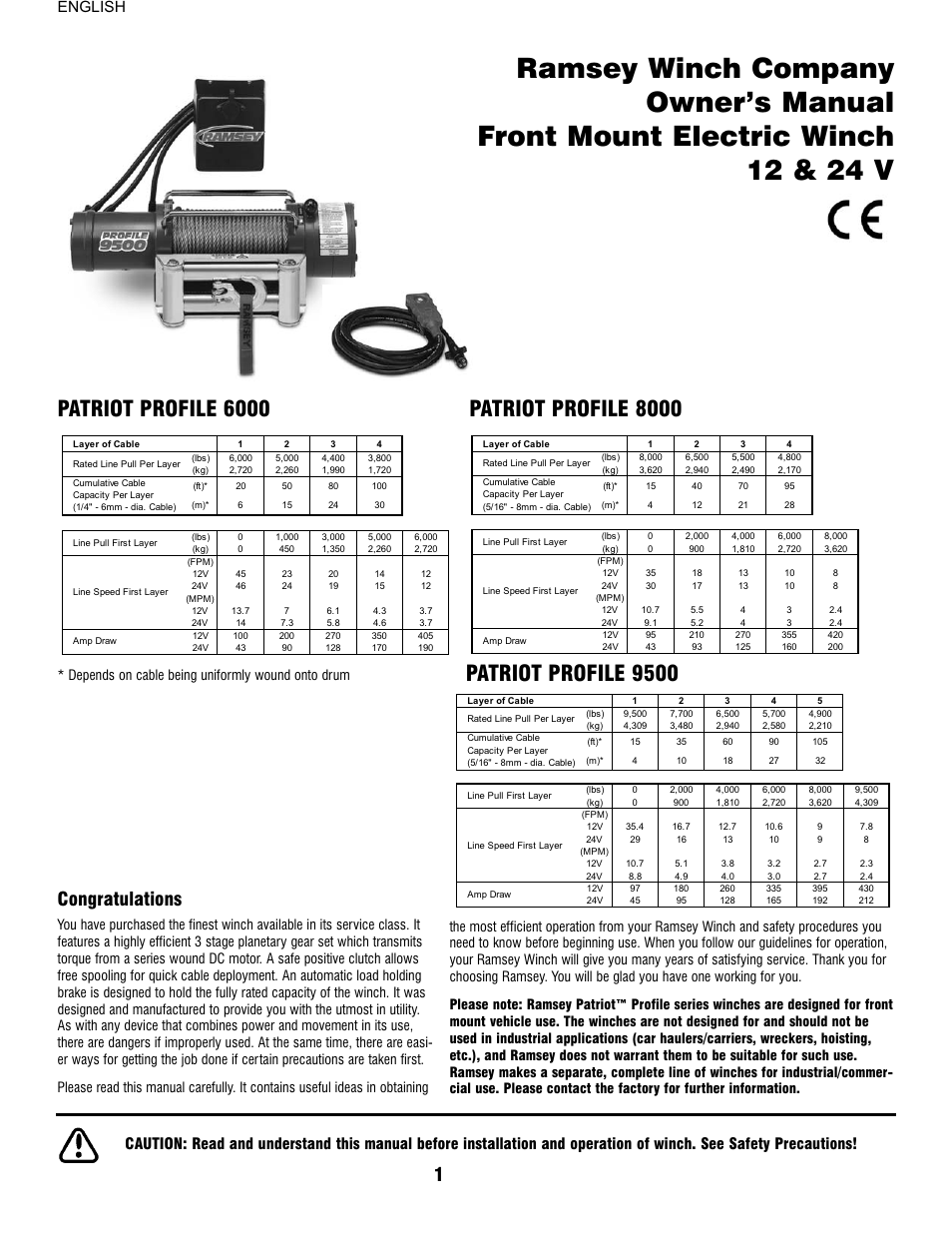 English, Depends on cable being uniformly wound onto drum | Ramsey Winch PATRIOT PROFILE 6000, 8000, & 9500 User Manual | Page 3 / 66