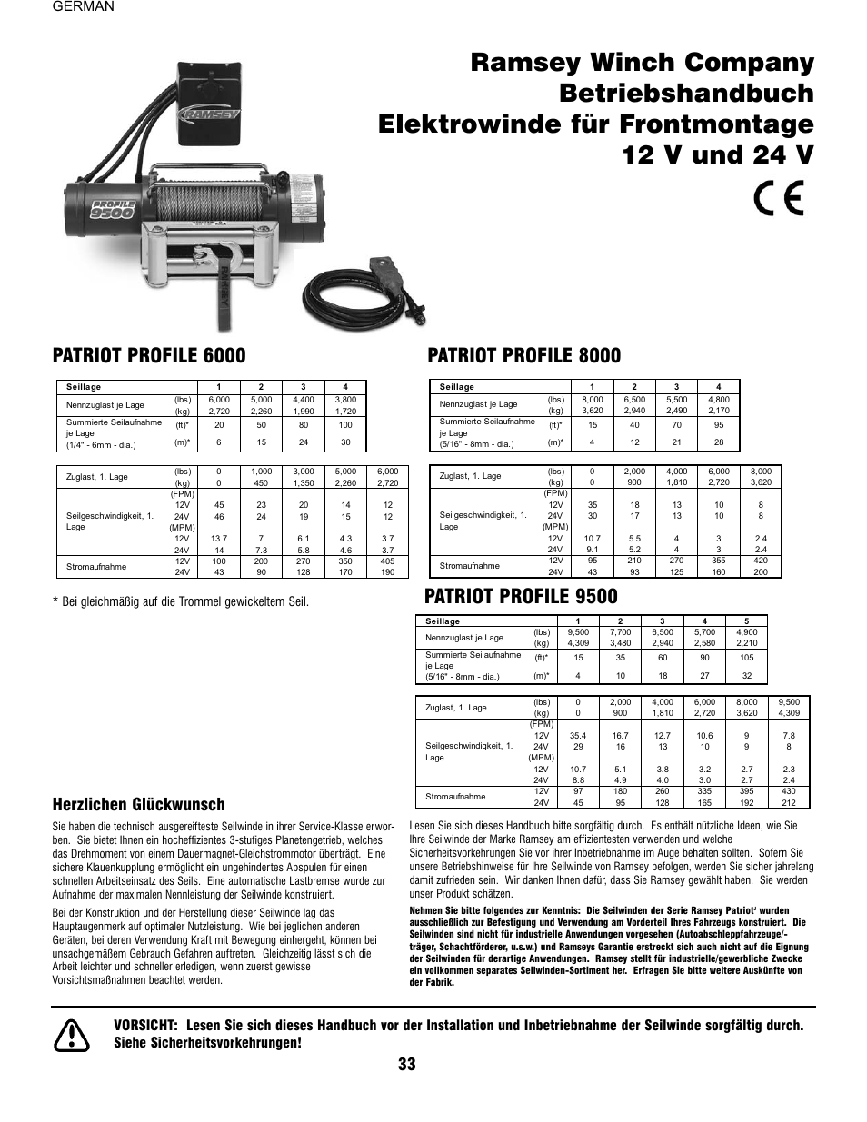 Herzlichen glückwunsch, German, Bei gleichmäßig auf die trommel gewickeltem seil | Ramsey Winch PATRIOT PROFILE 6000, 8000, & 9500 User Manual | Page 35 / 66