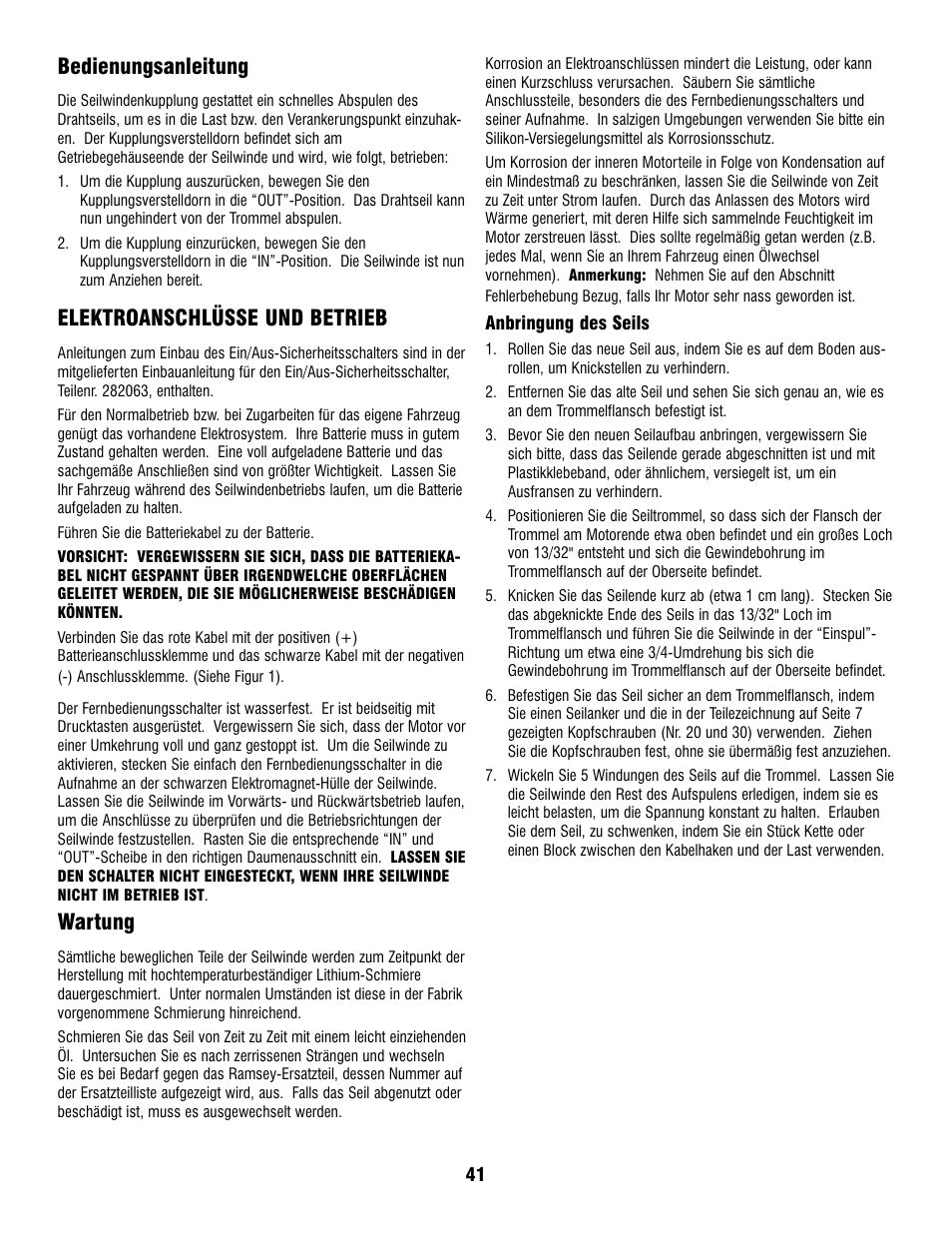 Bedienungsanleitung, Elektroanschlüsse und betrieb, Wartung | Ramsey Winch PATRIOT PROFILE 6000, 8000, & 9500 User Manual | Page 43 / 66