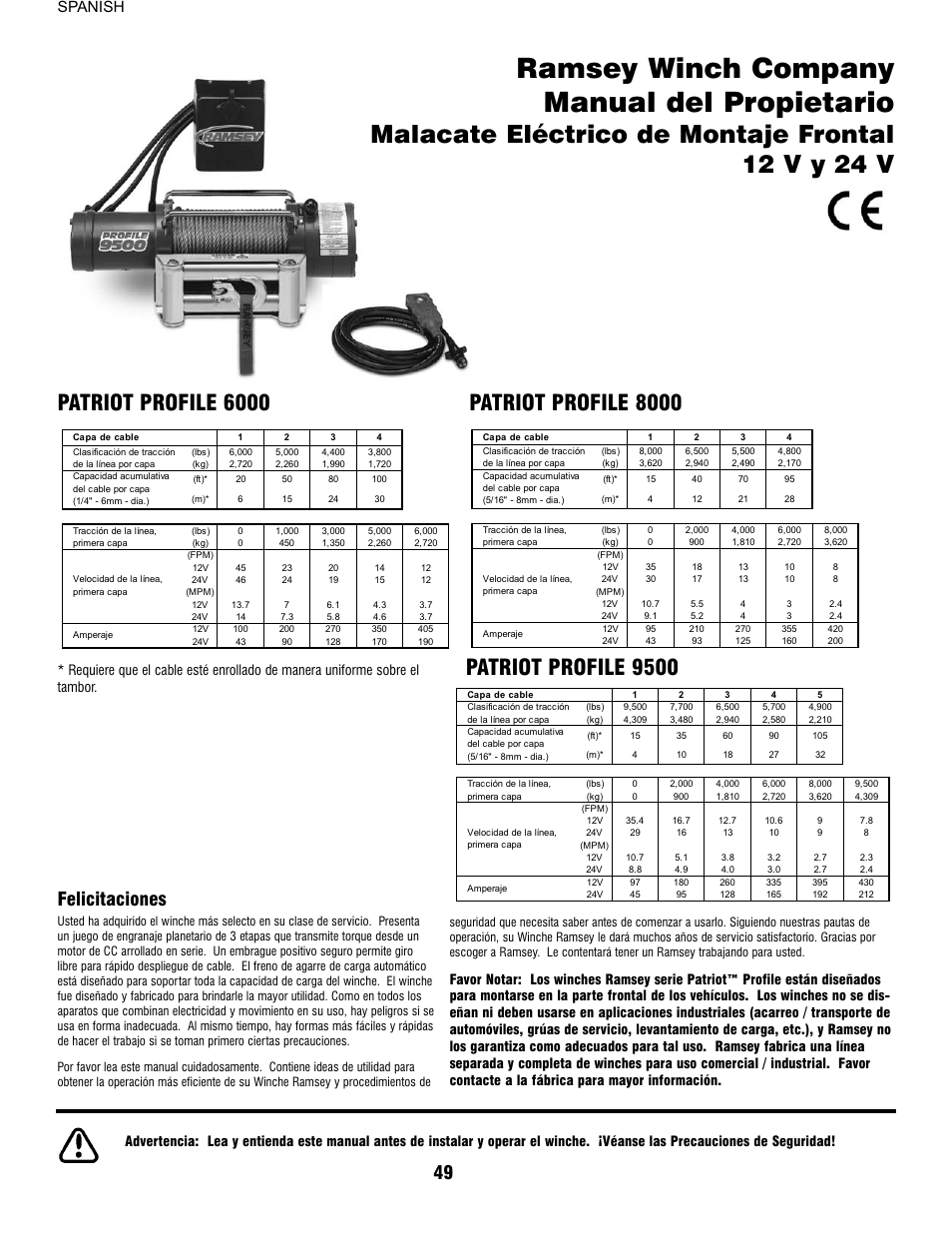 Ramsey winch company manual del propietario, Malacate eléctrico de montaje frontal 12 v y 24 v, Felicitaciones | Spanish | Ramsey Winch PATRIOT PROFILE 6000, 8000, & 9500 User Manual | Page 51 / 66