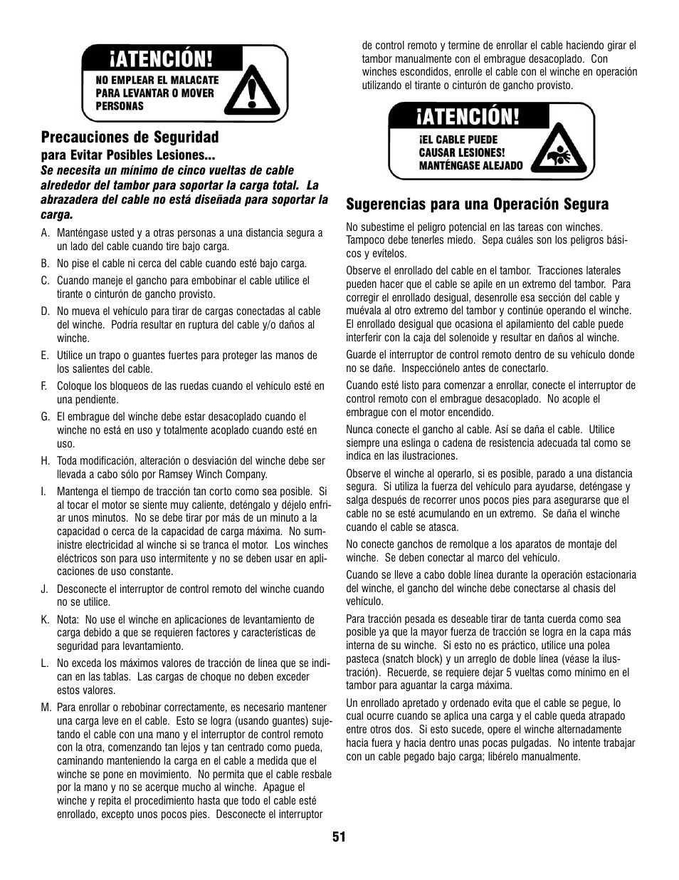 Precauciones de seguridad, Sugerencias para una operación segura | Ramsey Winch PATRIOT PROFILE 6000, 8000, & 9500 User Manual | Page 53 / 66