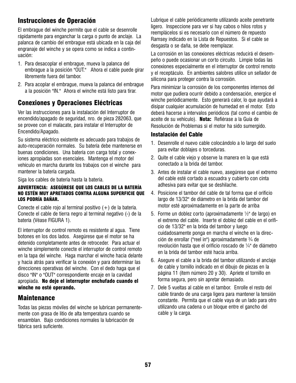 Instrucciones de operación, Conexiones y operaciones eléctricas, Maintenance | Ramsey Winch PATRIOT PROFILE 6000, 8000, & 9500 User Manual | Page 59 / 66