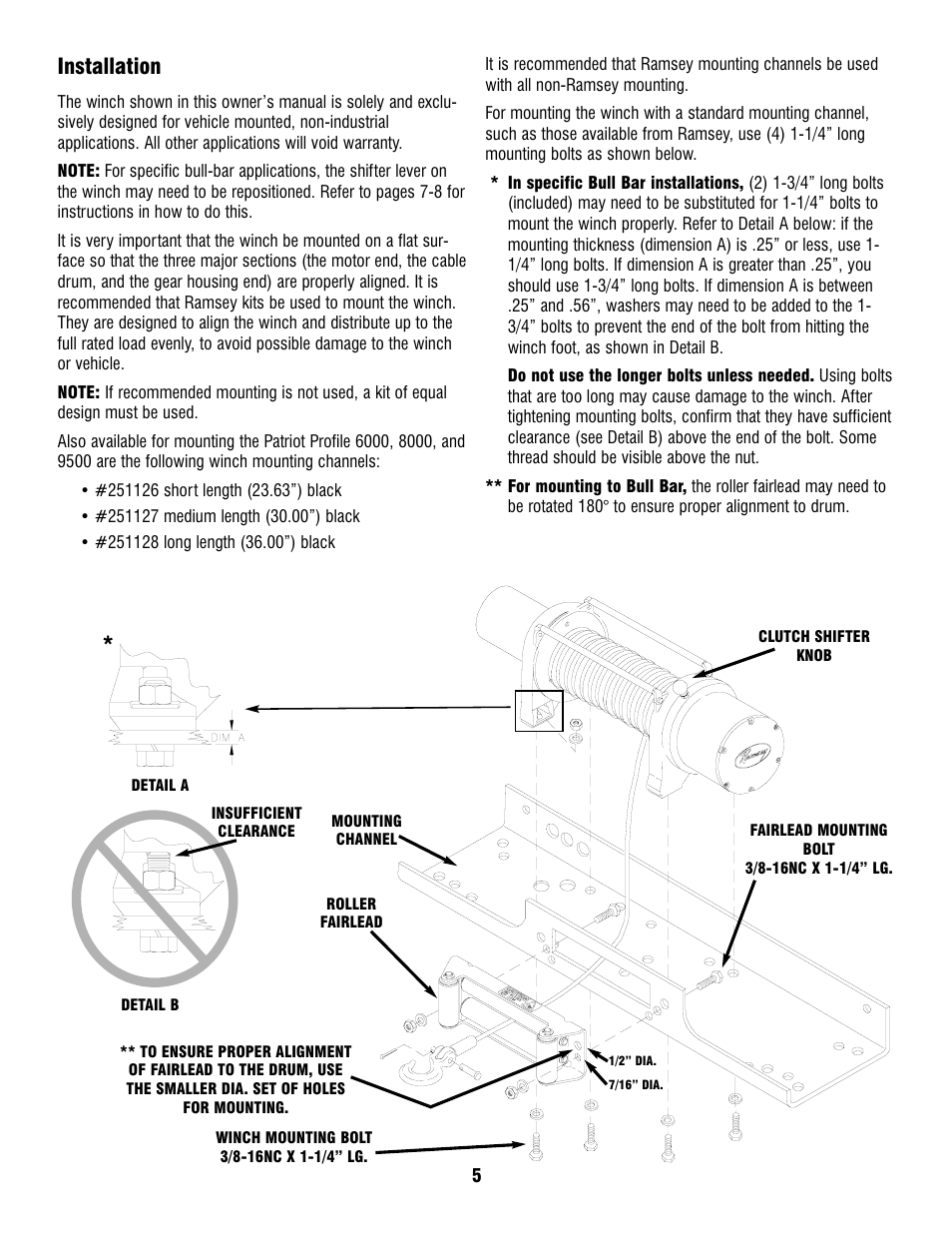 Installation | Ramsey Winch PATRIOT PROFILE 6000, 8000, & 9500 User Manual | Page 7 / 66